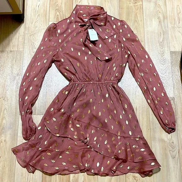 Dresses | Nwt Boutique Shop Pink Mini Dress With Gold Polka Dots | Poshmark